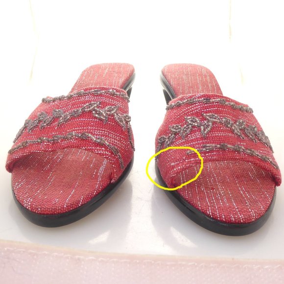 Red and silver metallic fabric beaded mid heel mules size 7.5 - Picture 4 of 10